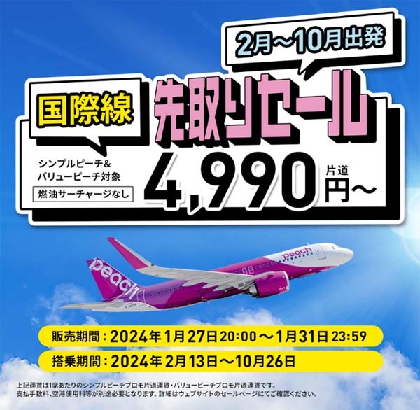 ピーチは、2月～10月出発便が対象の「国際線先取りセール 」を開催、片道999円～！