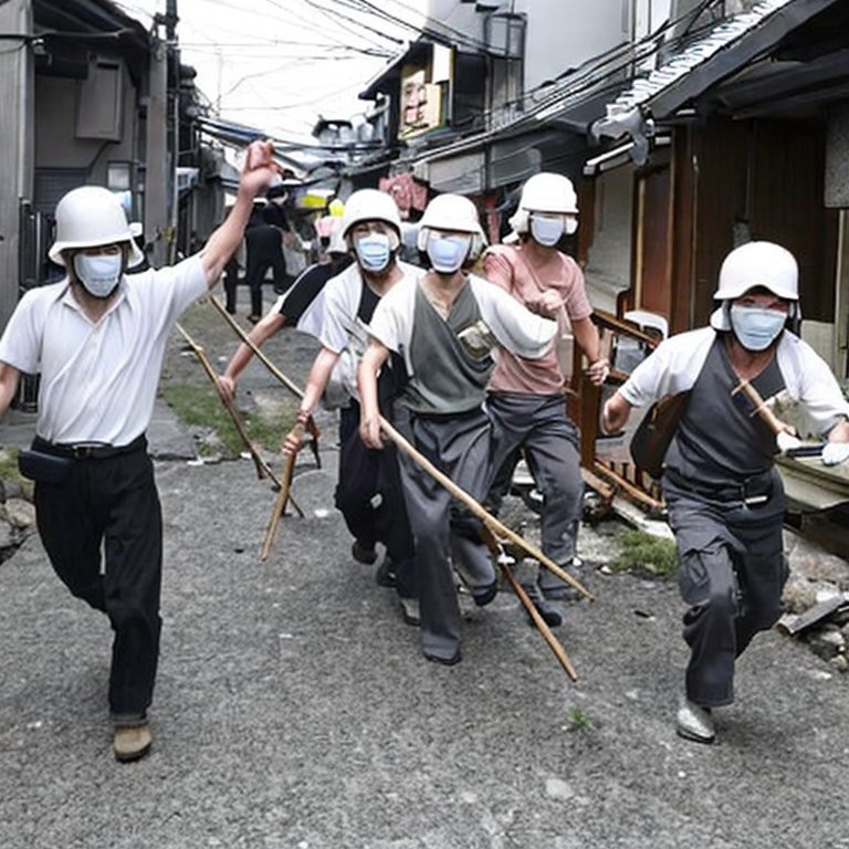 Japanese town Groups wearing labor helmets and carrying sticks attack civilians, Molotov cocktails6