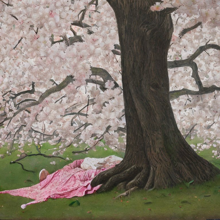 Cherry blossoms in full bloom, Dead body buried at the base of a tree, oil paint4