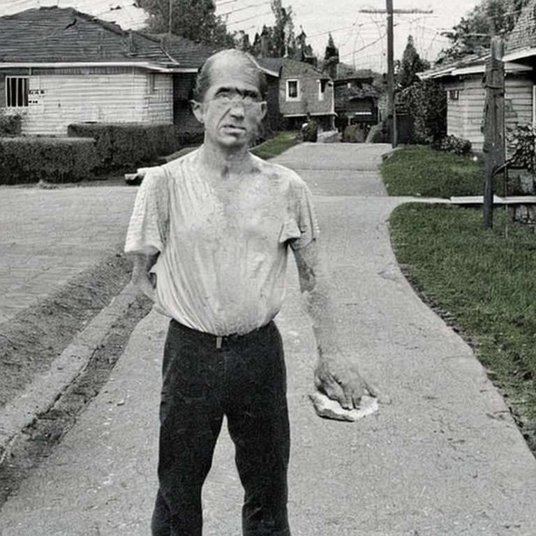 A man with a stone stands on a suburban street1
