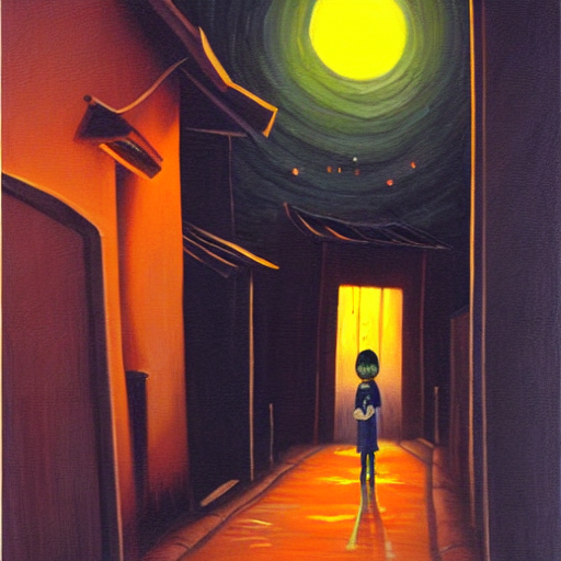 Yokai Lurking in the Night Streets Oil Painting1