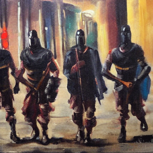 A group of masked men going through the city Oil Painting1