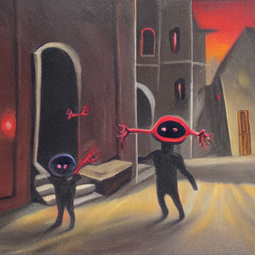 Evil Children with Red Eyes Lurking in the Shuttered Streets of the Dark Night oil painting2