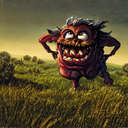 A monster resembling a man cowering in a sunny meadow4