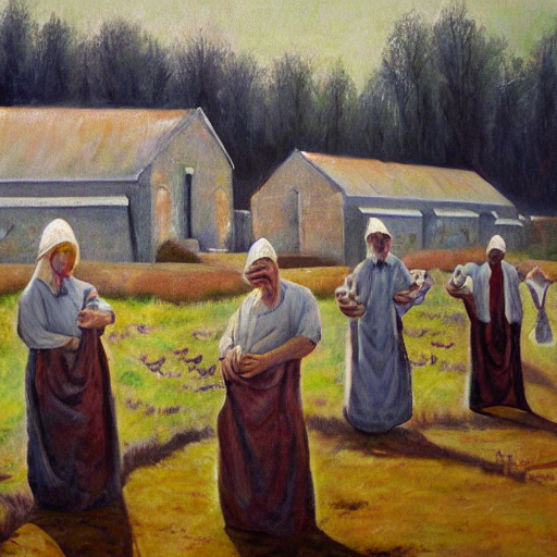 Crematorium with people wearing cloth sacks on their heads Oil Painting1