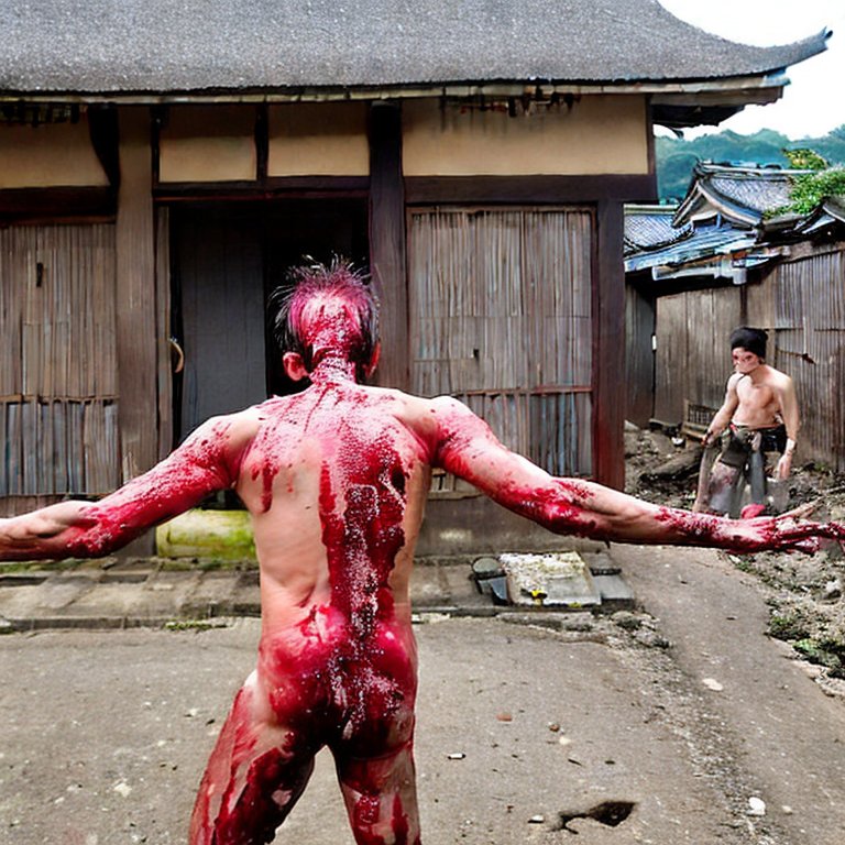 Man scratching all over his body in a closed Japanese village bright red blood and pus3
