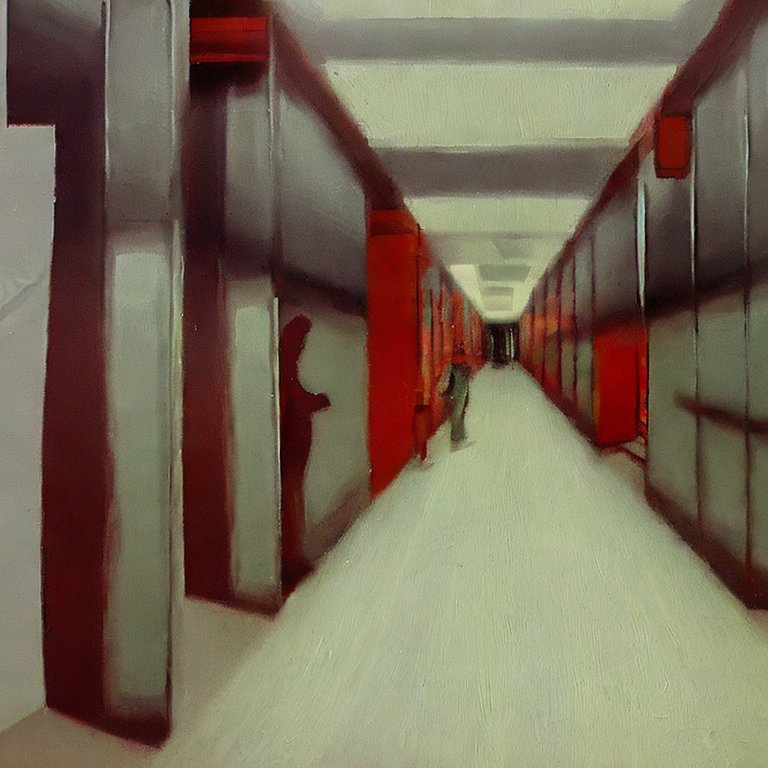 best quality faceless man japan Corridor of a multi-tenant building oil paint2