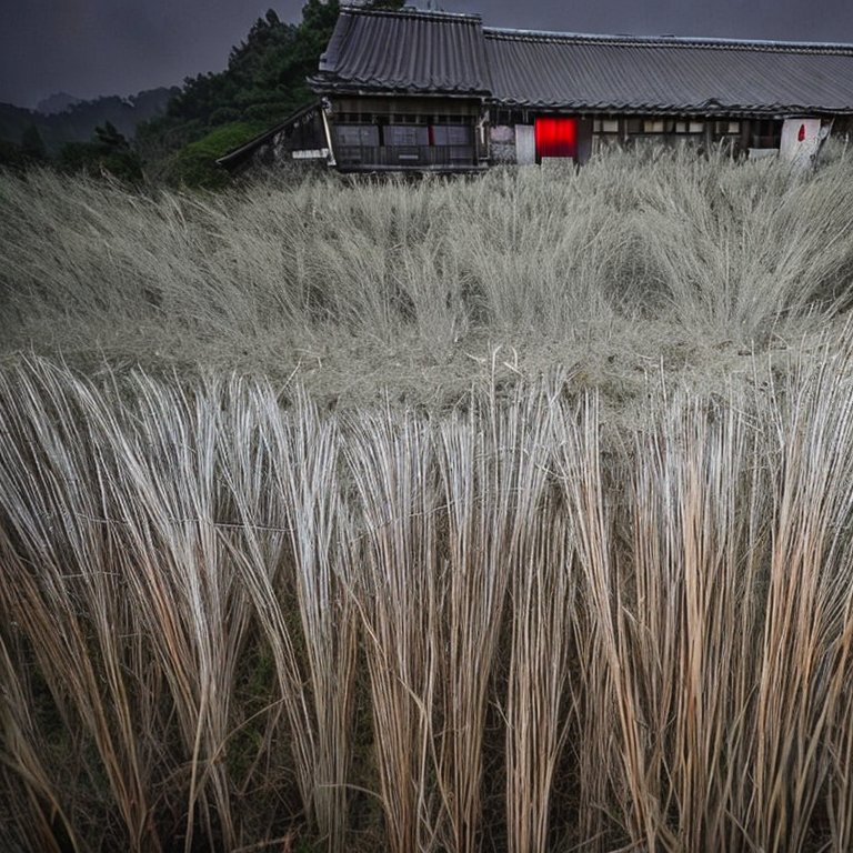 A closed village in Japan, blood spray, silver grass swaying in the dead of night3